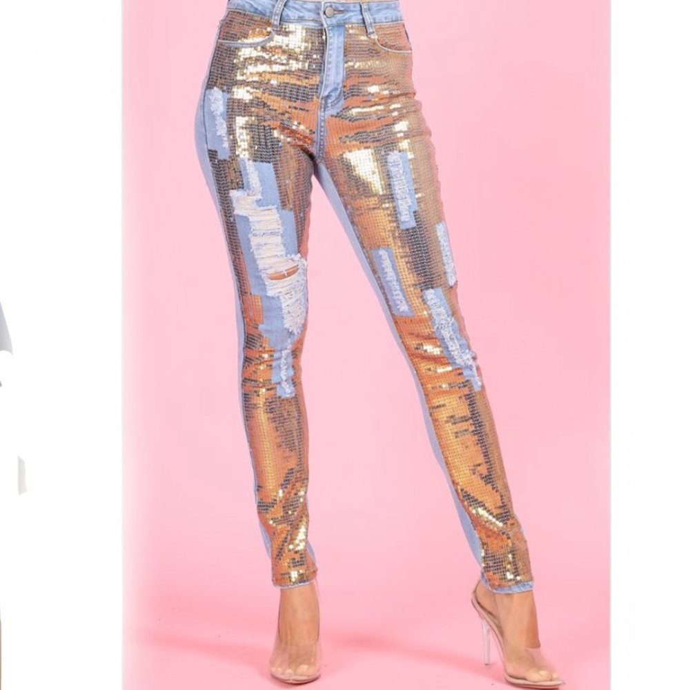 Sequin Distressed Denim Jeans